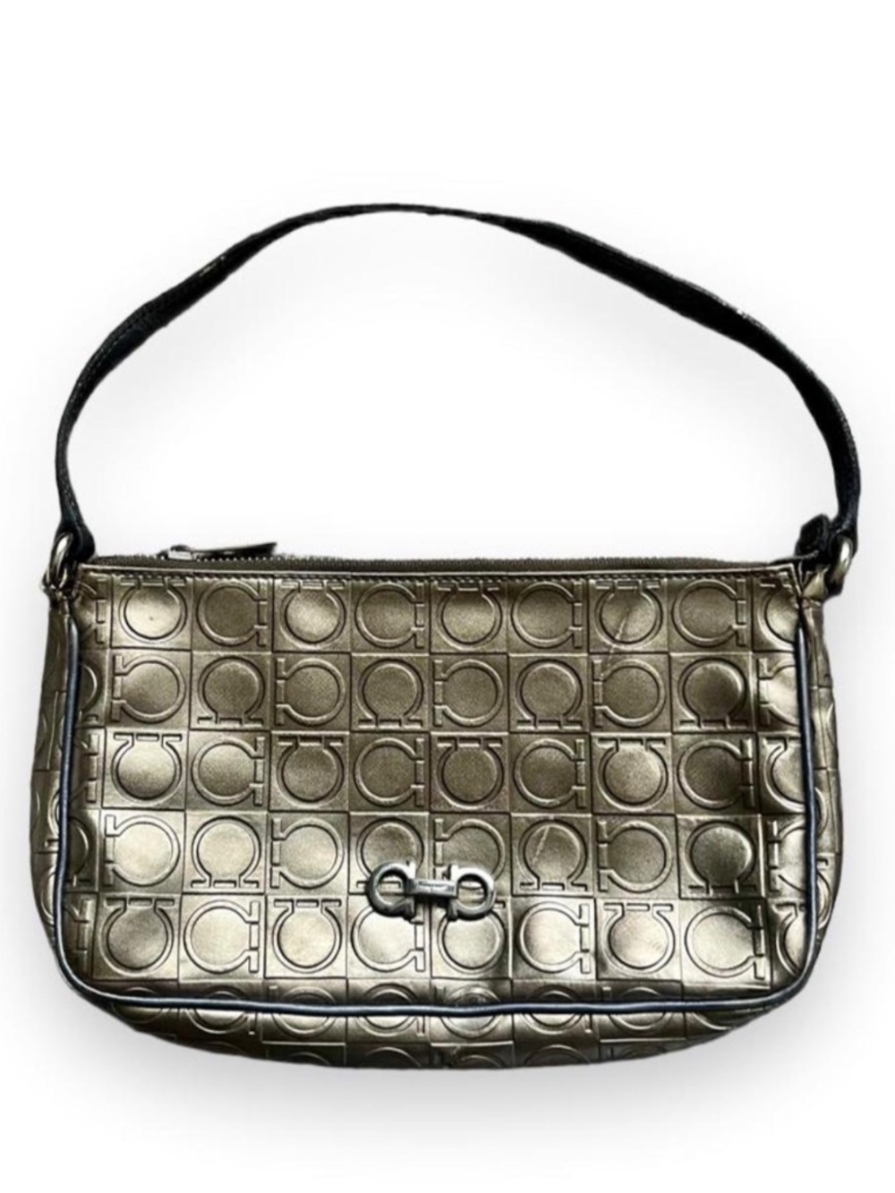 Vintage Salvatore Ferragamo Embossed Gancini Metallic Leather Shoulder Bag